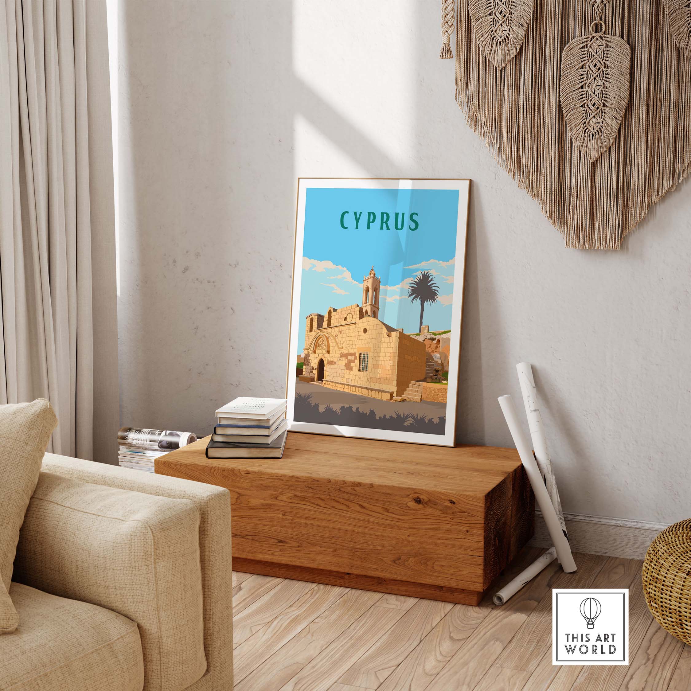 Framed Cyprus Print artwork in minimalist style, showcasing a vintage travel poster with palm trees and stone architecture.