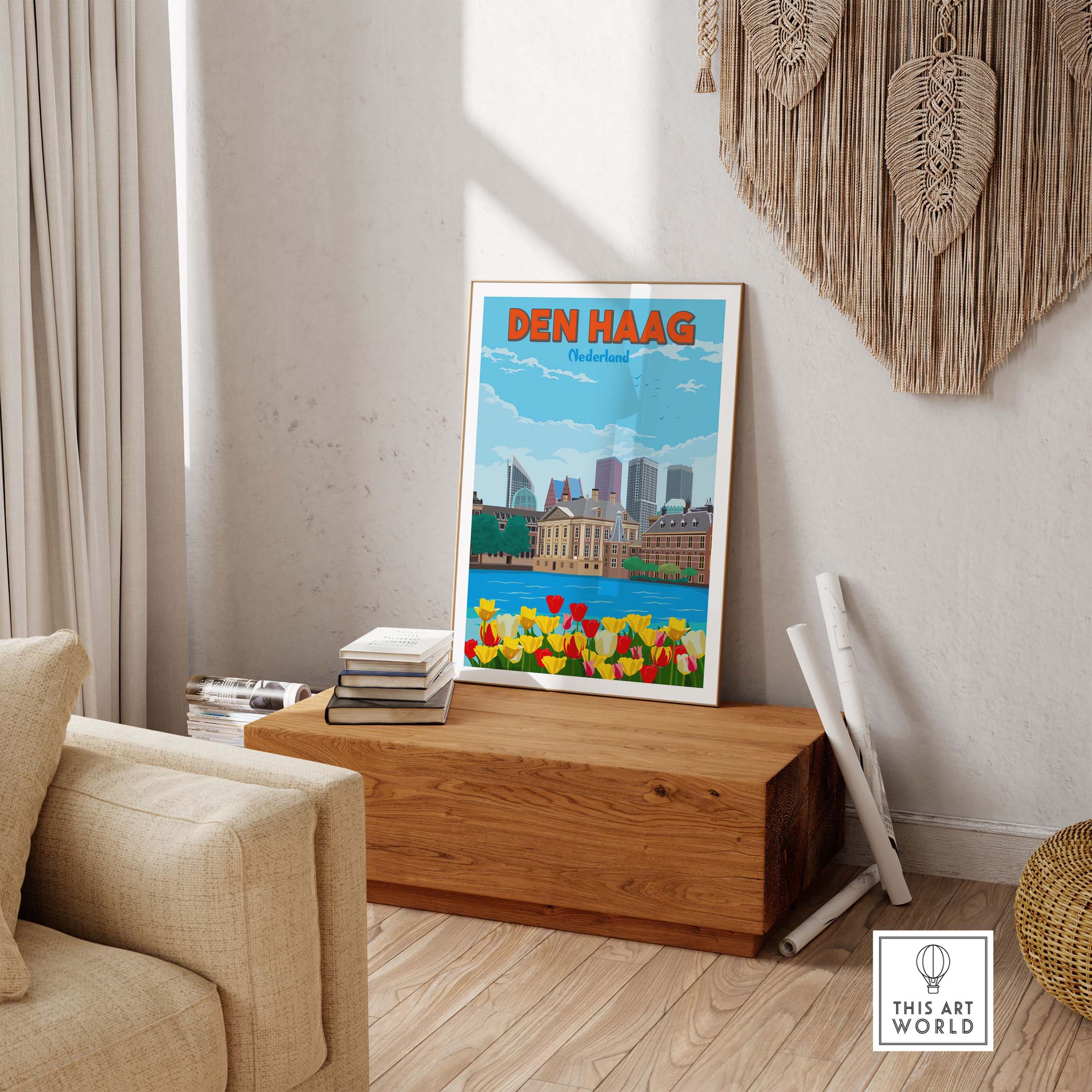Den Haag Wall Art Print showcasing vintage style travel poster with flowers and skyline, perfect for home or office decor.