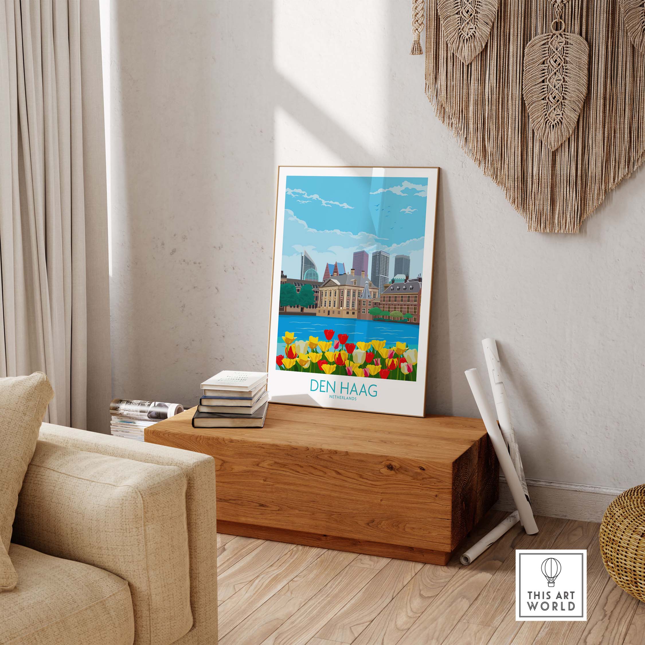 Den Haag Nederland poster displayed in a modern living room with stylish decor and vibrant tulips.