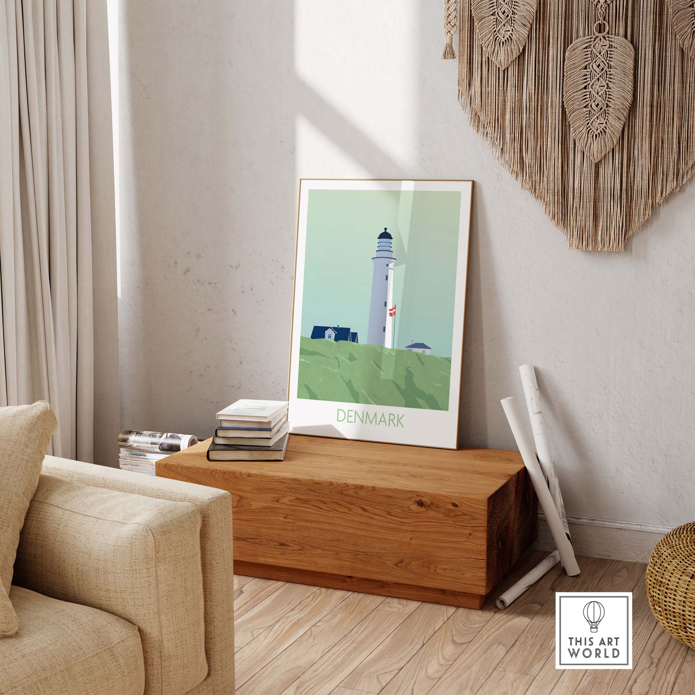 Denmark Poster Print featuring a lighthouse in a stylish living room setting, perfect travel wall art for home decor.