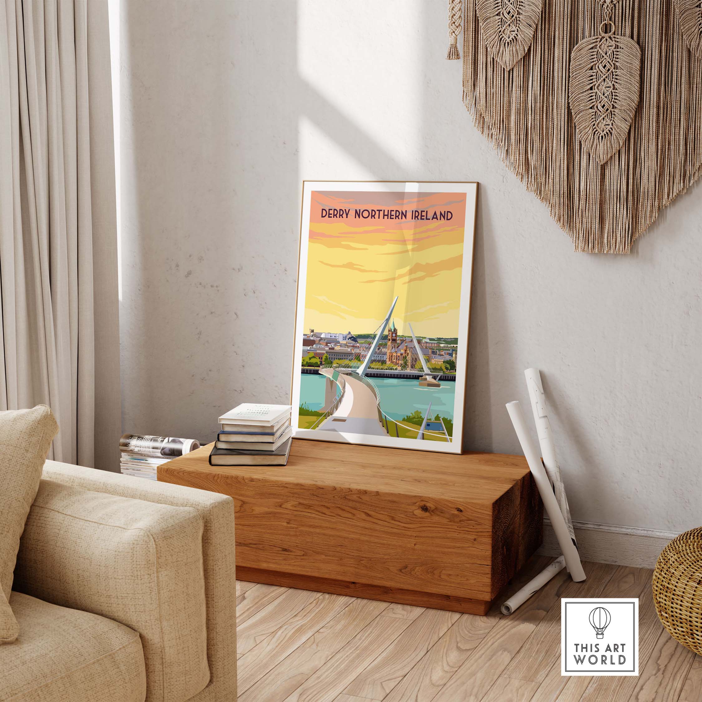 Derry Northern Ireland vintage poster wall art displayed in a stylish home setting.
