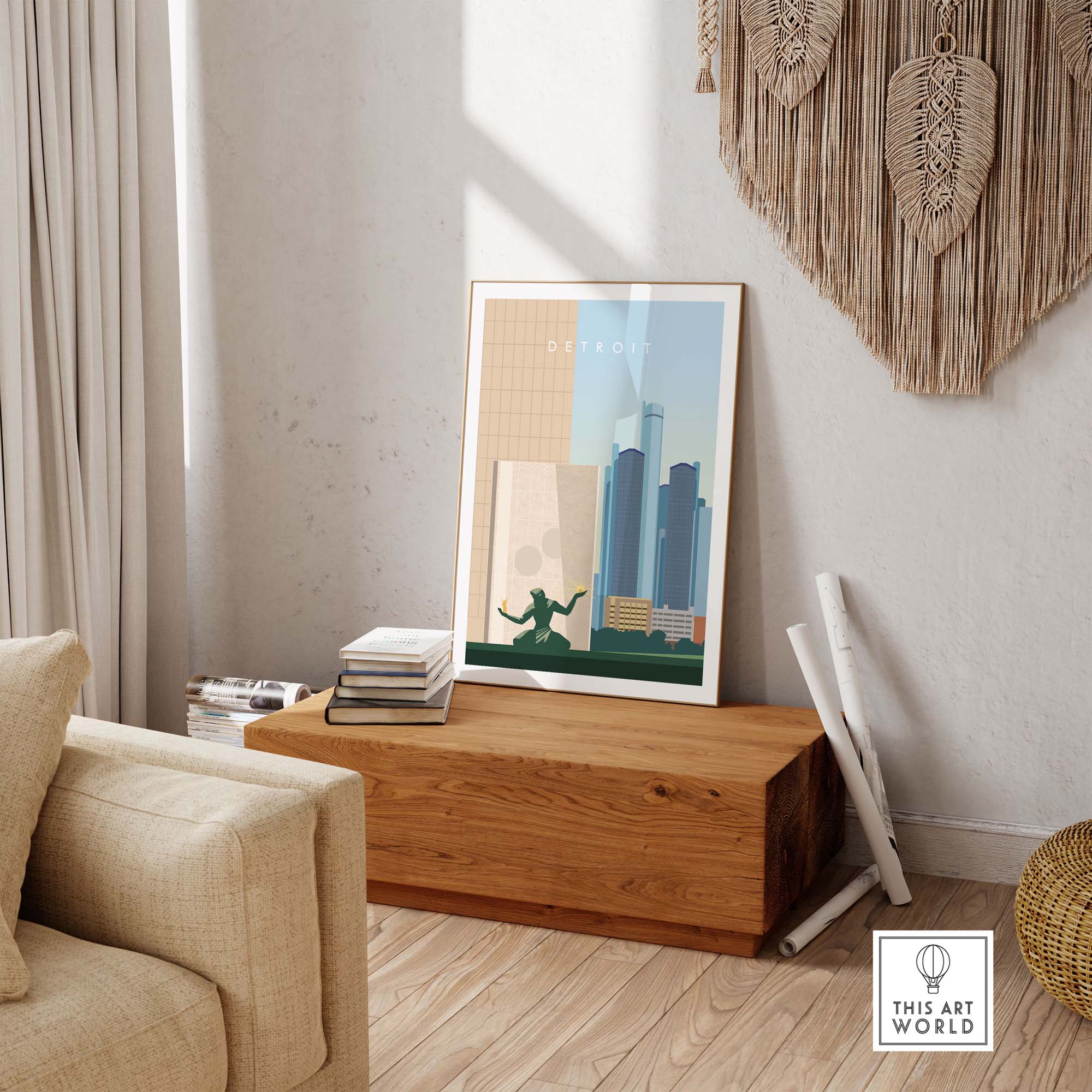 Detroit travel poster print showcasing city skyline in minimalist style, perfect for home or office decor.