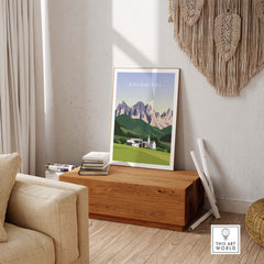 Dolomites Travel Poster Print displayed in a minimalist living room setting with stylish decor.