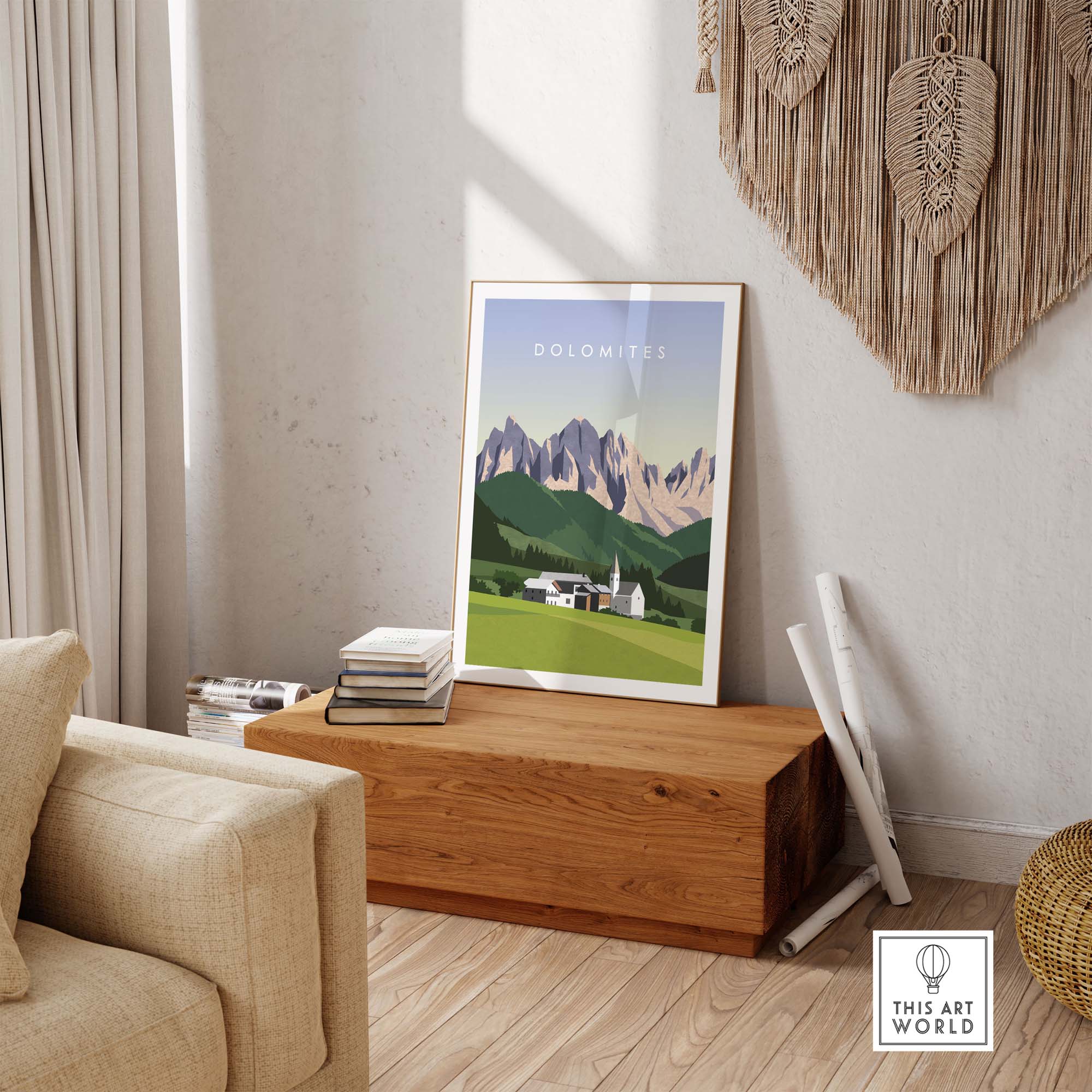 Dolomites Travel Poster Print displayed in a minimalist living room setting with stylish decor.