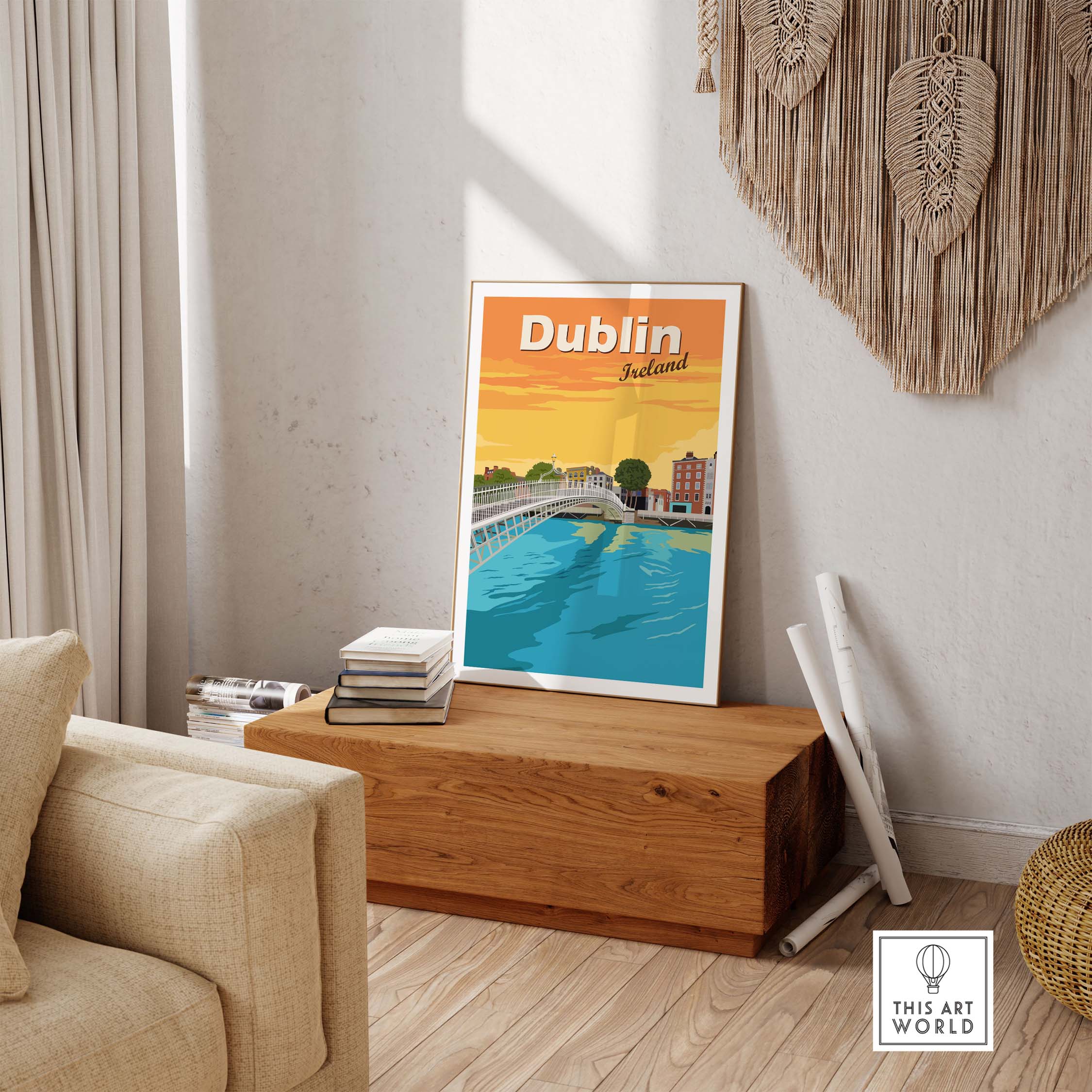 Vintage Dublin Print Poster Wall Art displayed stylishly in a modern living room setting.