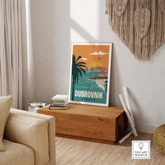 Dubrovnik Poster Wall Art Print displayed in a stylish living room with a wooden table and neutral decor.