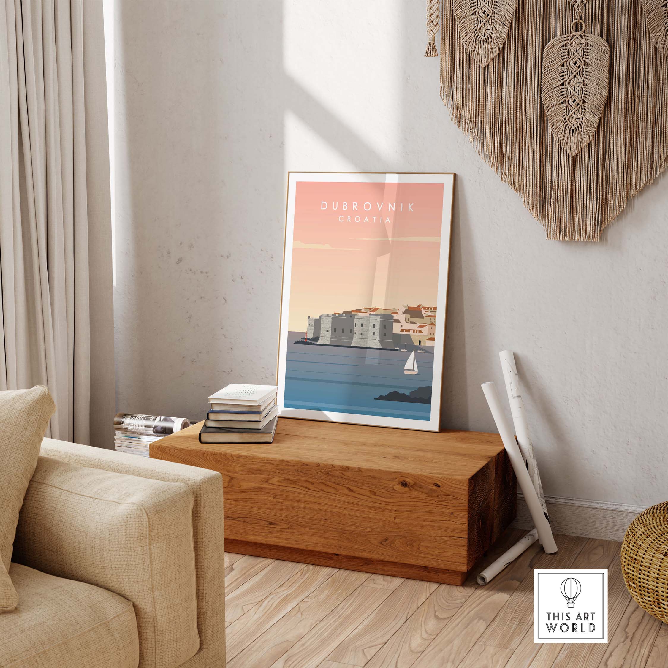 Dubrovnik Print Wall Art Poster displayed in a modern living room with wooden decor and stylish furnishings.