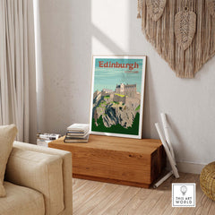 Vintage Edinburgh print poster featuring Edinburgh Castle, perfect for stylish wall art in homes or offices.