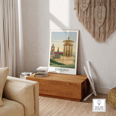 Edinburgh wall art print featuring iconic landmarks in a stylish living room setting.
