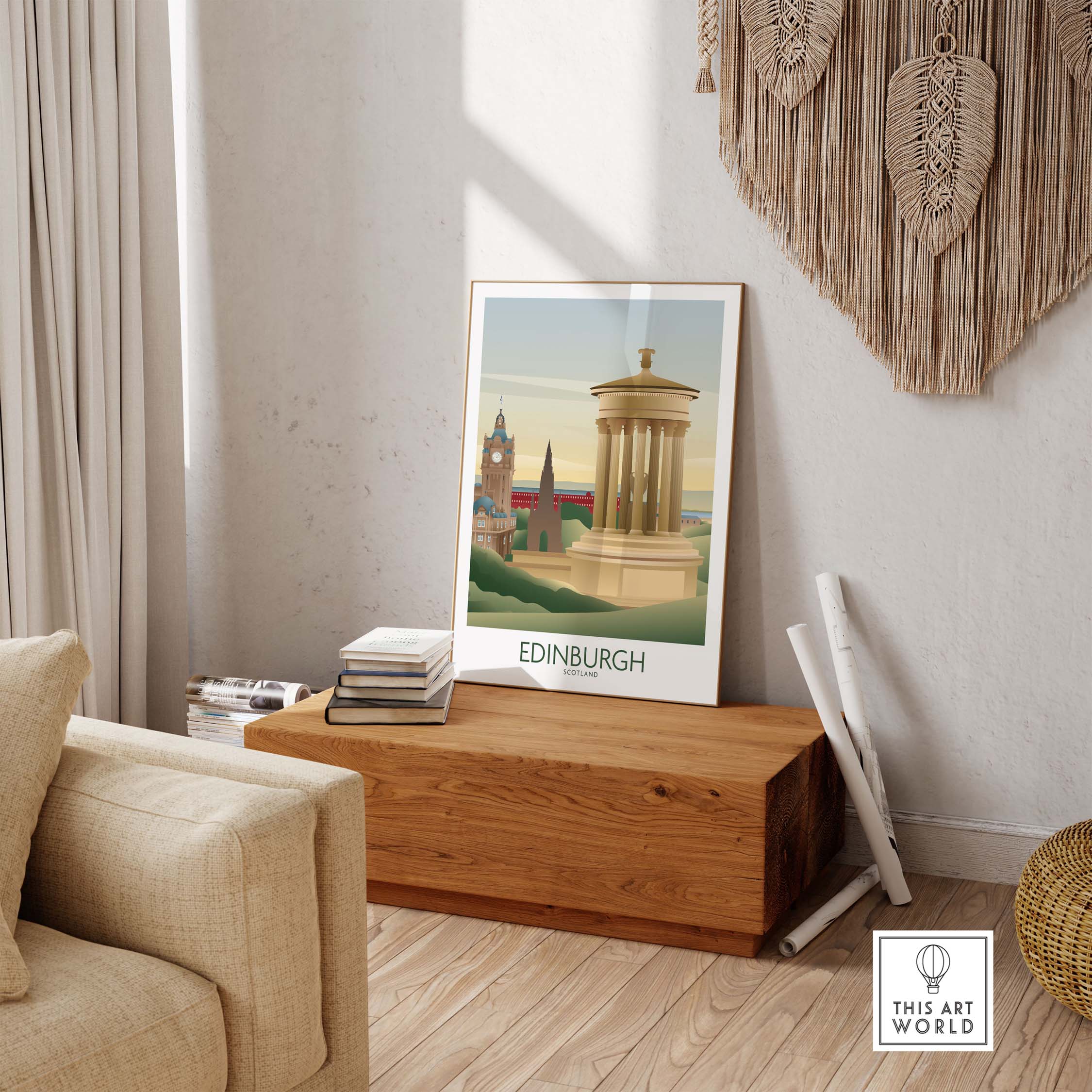 Edinburgh wall art print featuring iconic landmarks in a stylish living room setting.