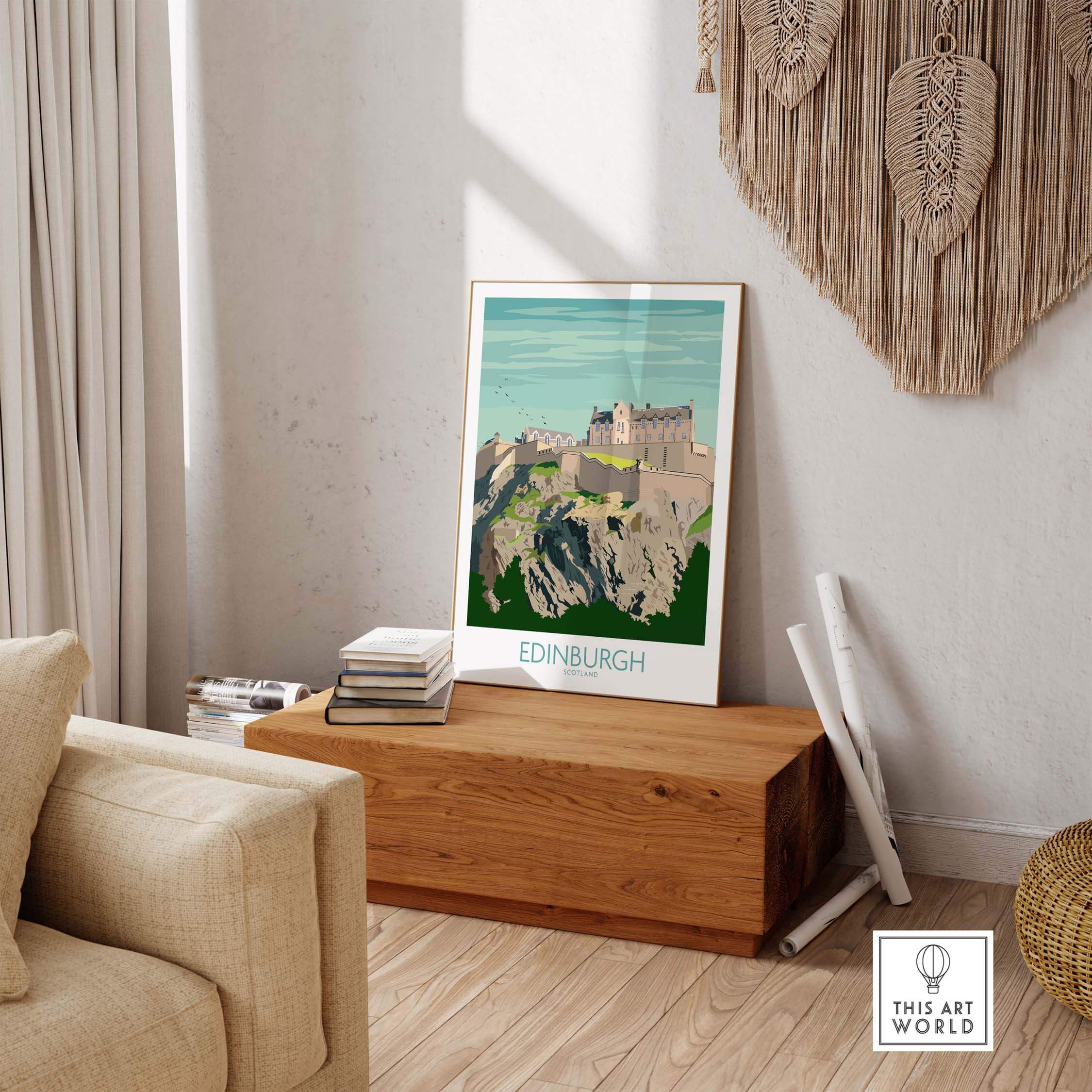 Edinburgh travel poster with castle design displayed in a stylish home setting, perfect for decor and wanderlust inspiration.