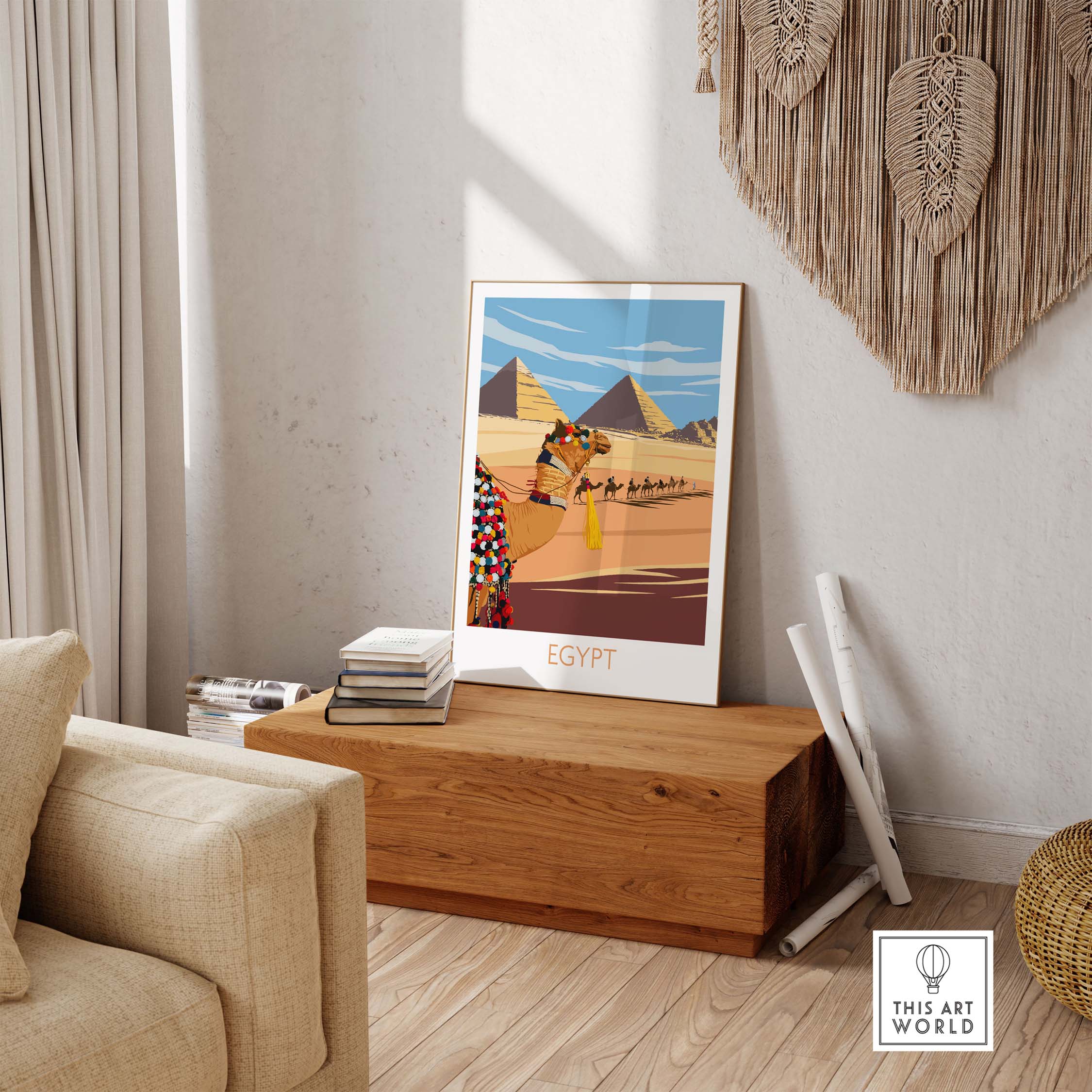 Egypt poster wall art print featuring pyramids and a vibrant traveler, styled for a modern home decor.