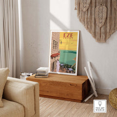 Eze France Poster Print Wall Art displayed in a cozy home setting, evoking wanderlust and vintage travel vibes.