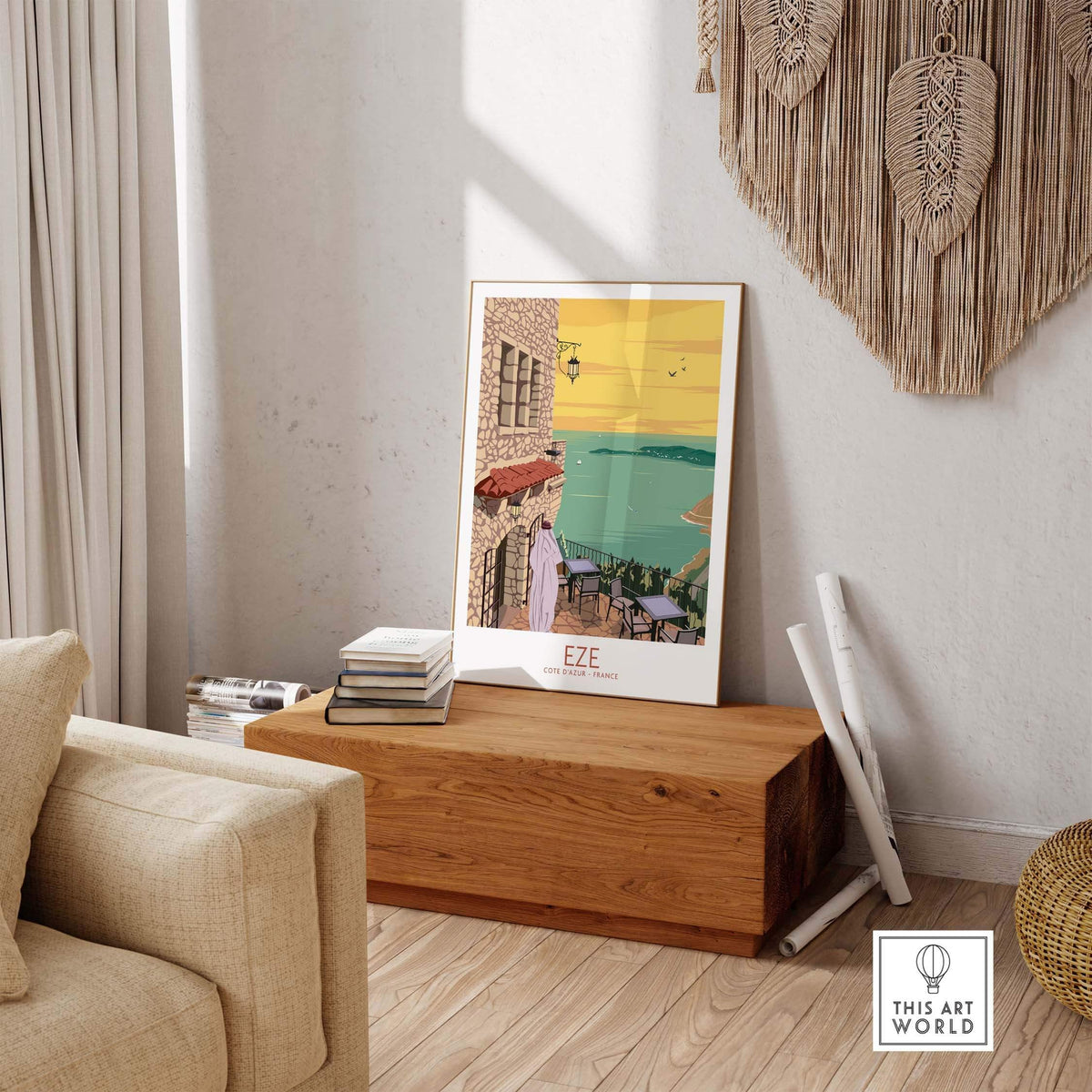 Eze Print France Travel Poster displayed in a stylish living room setting, showcasing Eze Village's coastal charm.
