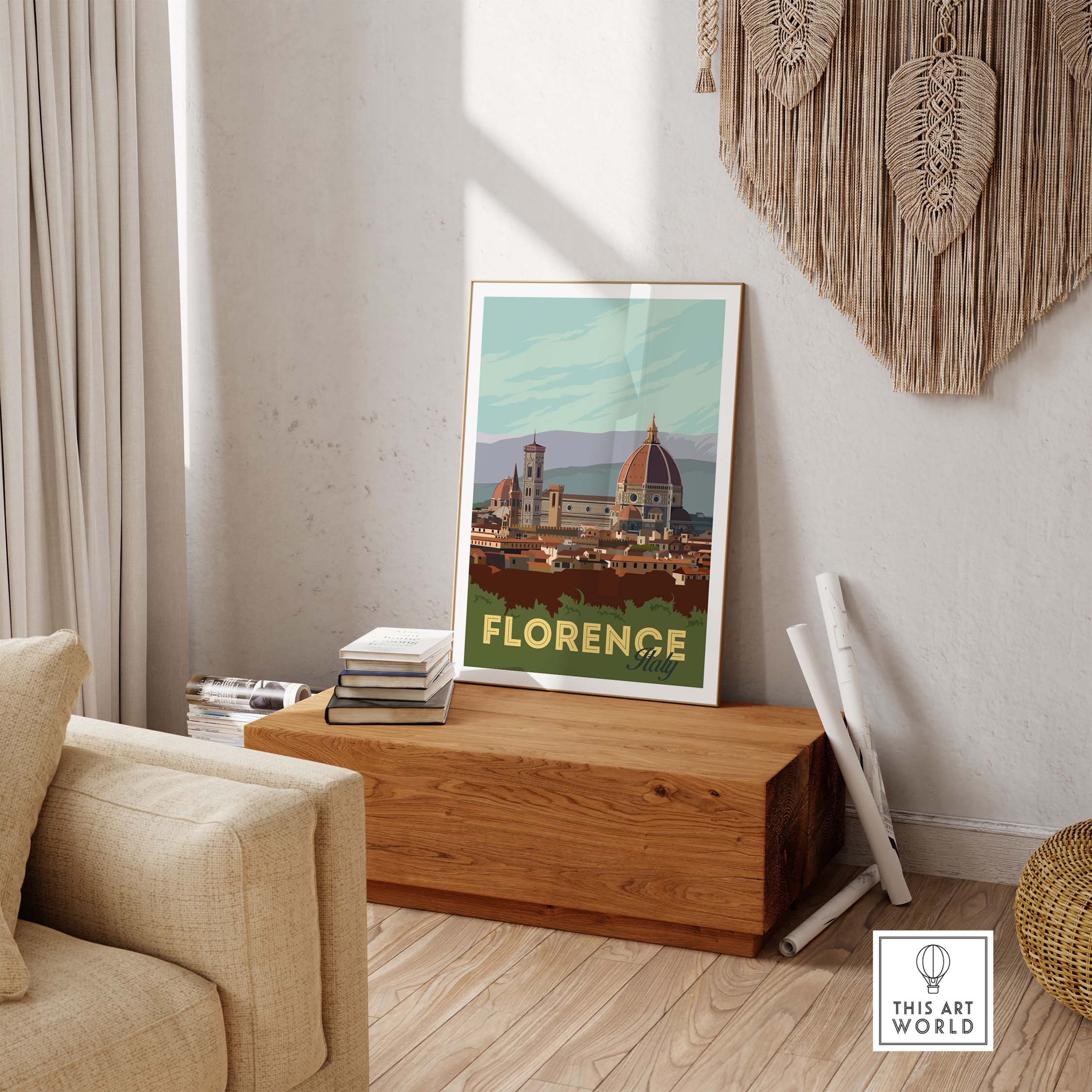 Florence vintage travel poster displayed in a cozy living room setting with natural decor accents.