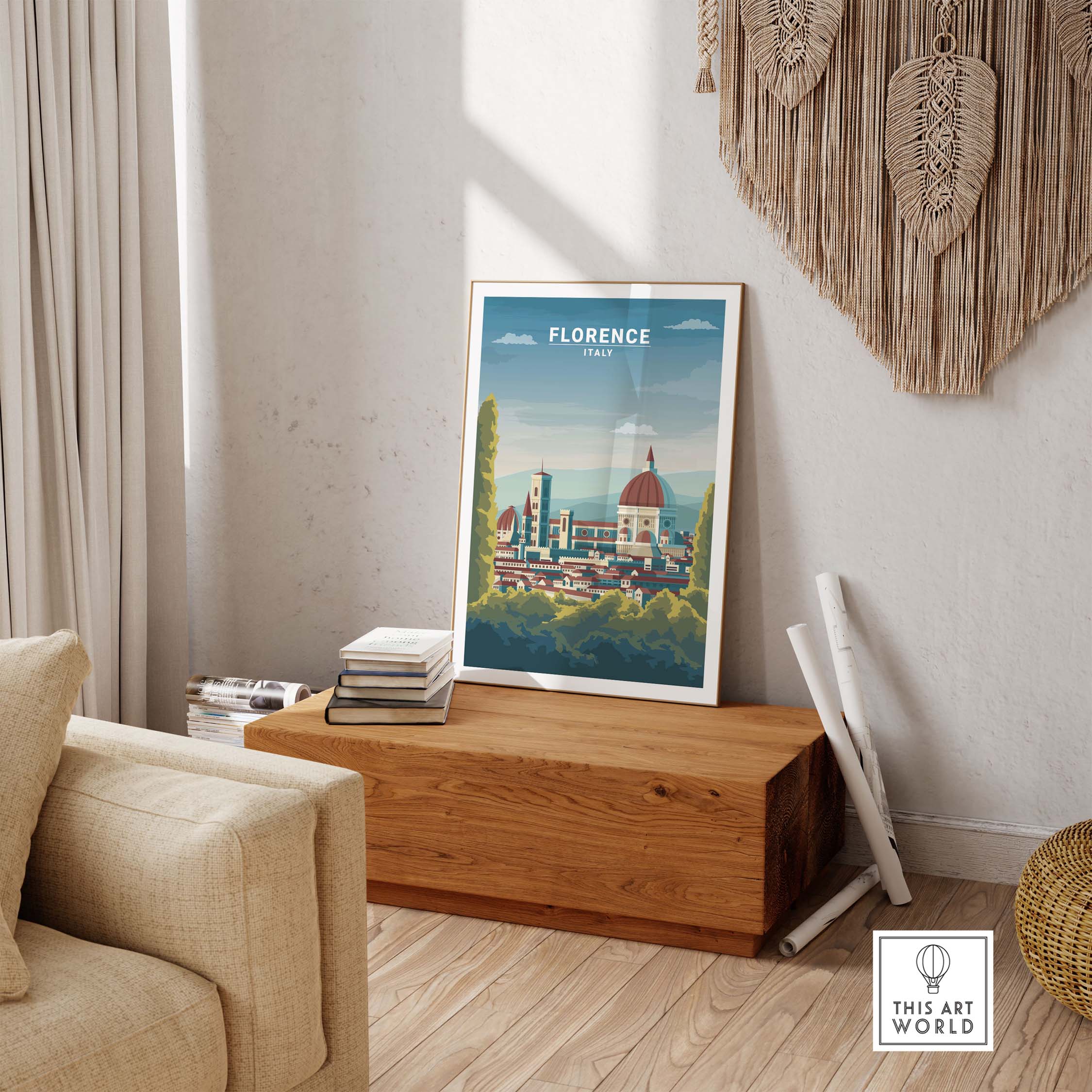 Florence wall art print showcasing iconic scenery of Italy in a stylish living room setting.