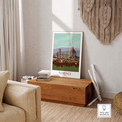 Florence Print Italy travel poster displayed in a stylish living room, perfect for wanderlust and home decor.