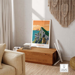 Gibraltar Travel Poster Art Print displayed in a stylish room, showcasing vintage travel aesthetics and wanderlust vibes.
