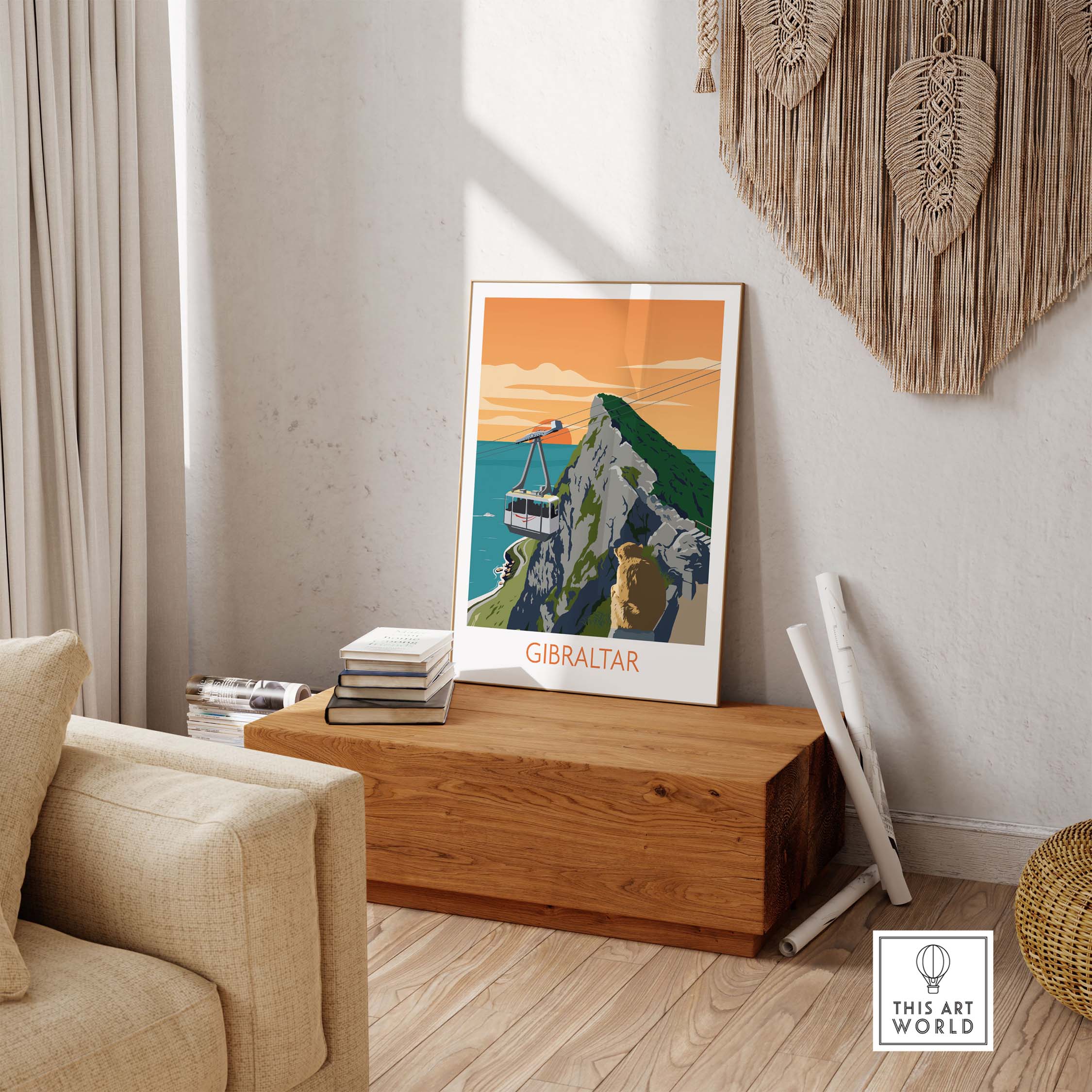 Gibraltar Travel Poster Art Print displayed in a stylish room, showcasing vintage travel aesthetics and wanderlust vibes.