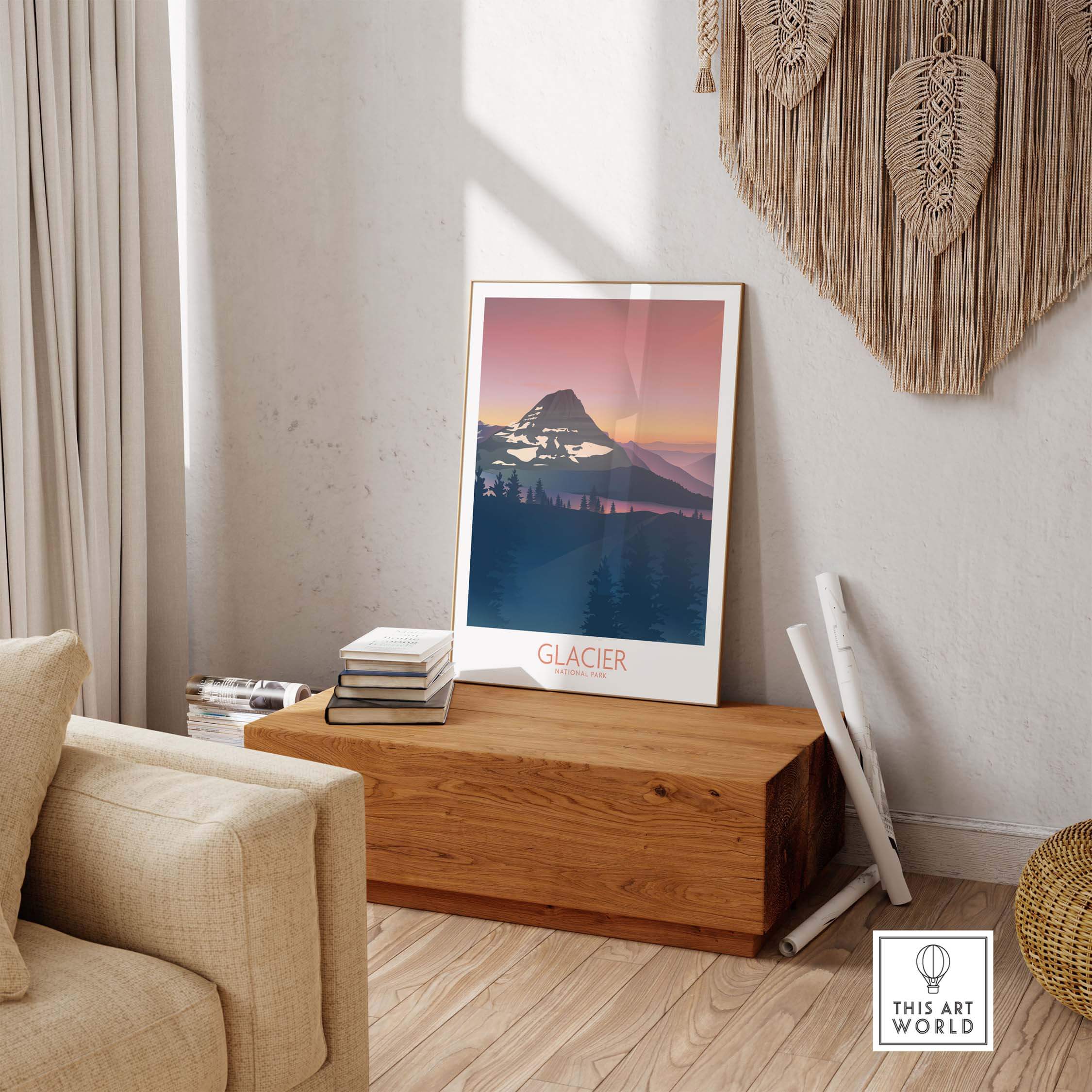 Glacier National Park art print displayed in a cozy interior, featuring minimalist design and stunning mountain scenery.