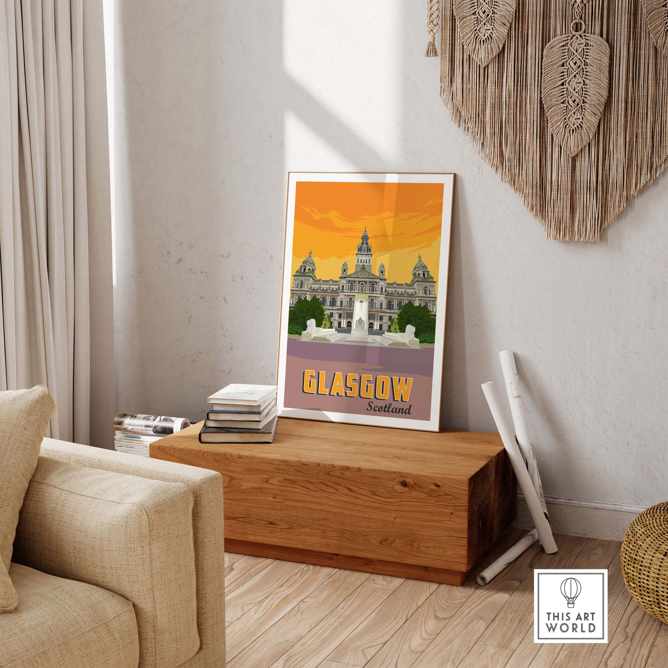 Glasgow poster print showcasing Scotland's iconic architecture in a stylish interior setting.