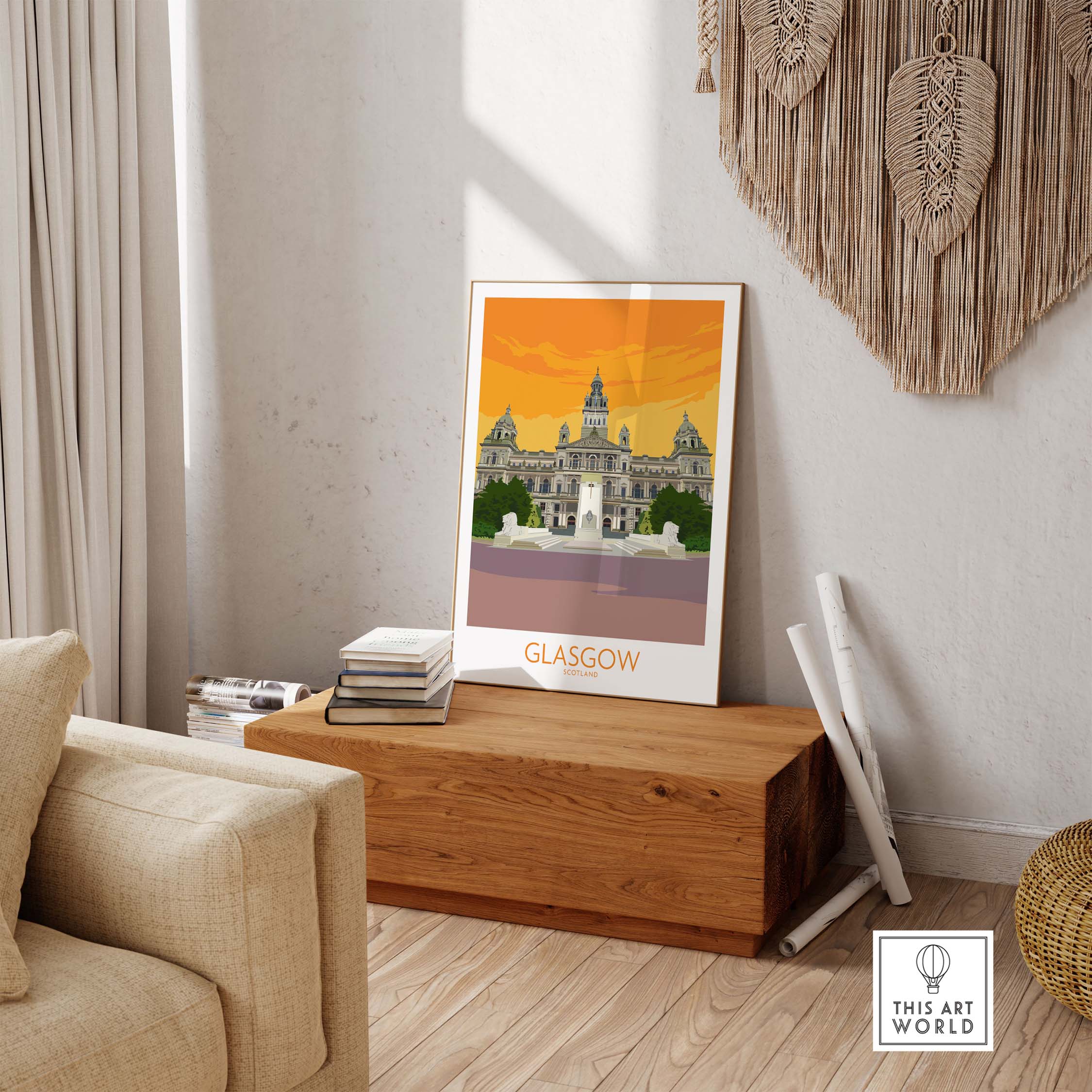 Glasgow Travel Poster Art Print displayed in a stylish living room on a wooden box.