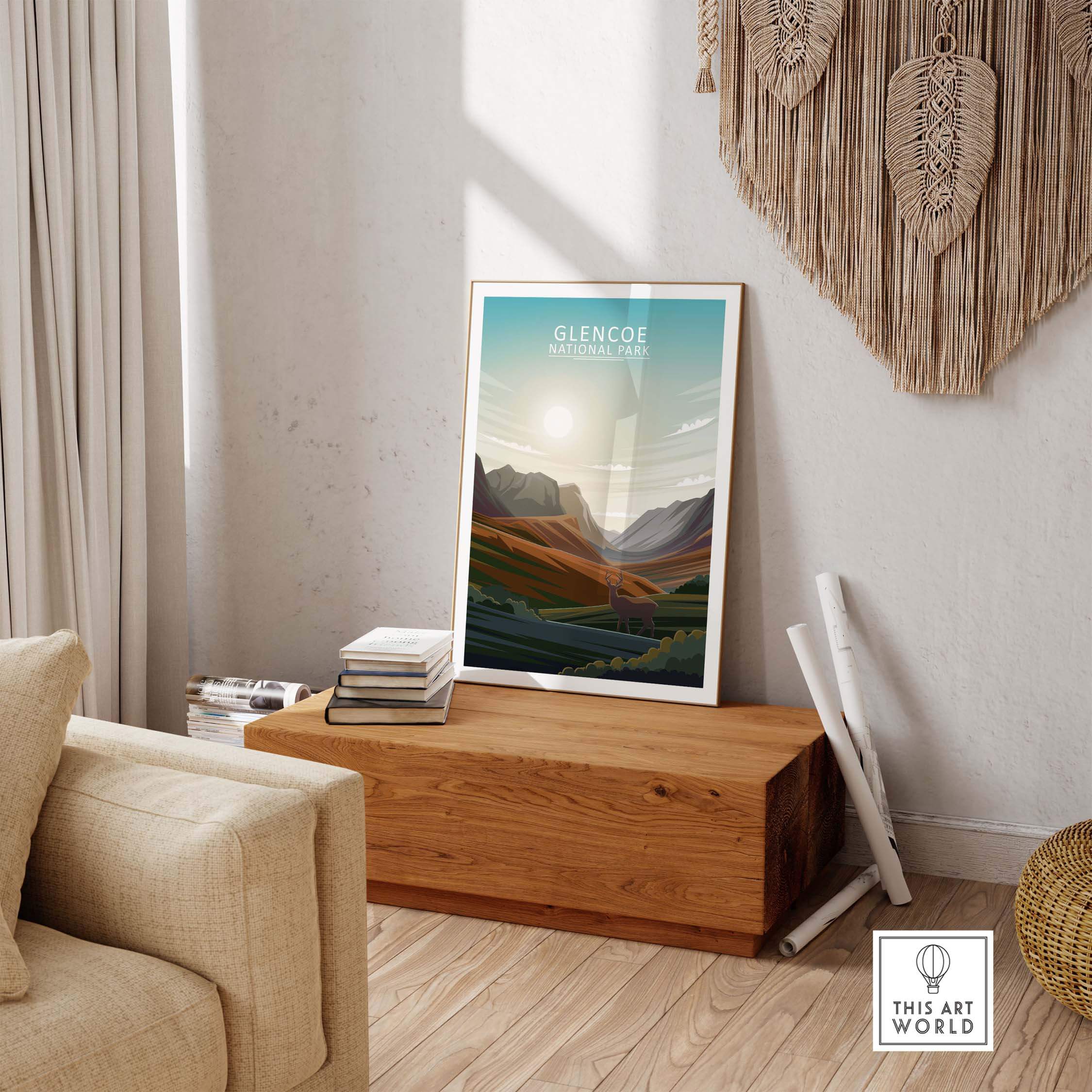 Glencoe National Park print featuring stunning mountain scenery, displayed in a cozy indoor setting.