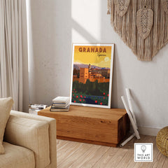 Granada wall art print showcasing a scenic view of Spain in a stylish interior setting.