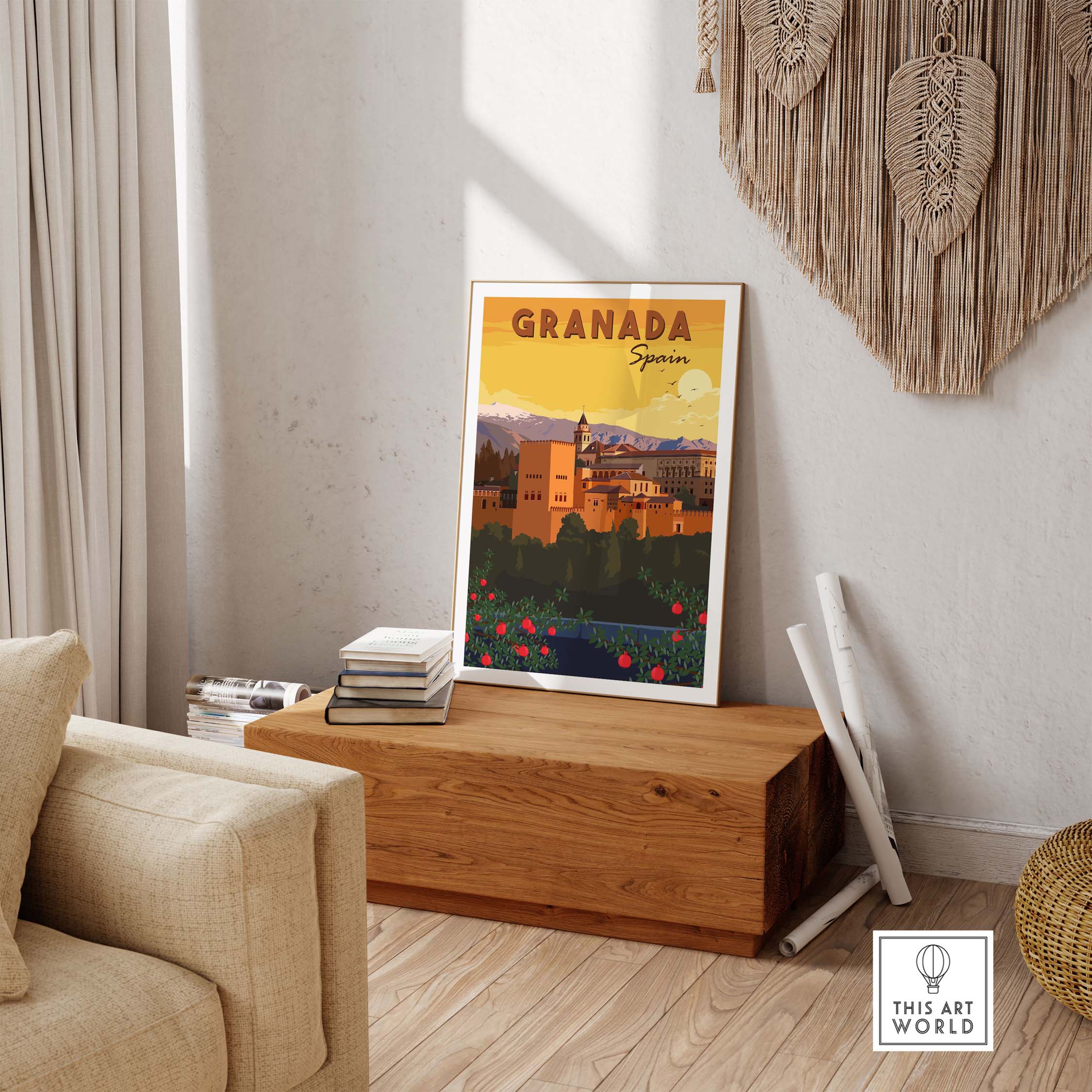 Granada wall art print showcasing a scenic view of Spain in a stylish interior setting.