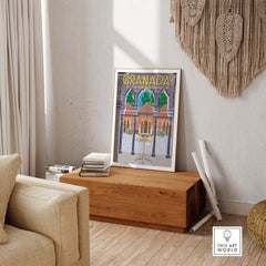 Granada poster print displayed in a stylish home setting, showcasing vibrant vintage travel art.