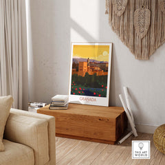 Granada Poster Print showcasing a minimalist vintage travel design in a stylish living room setting.