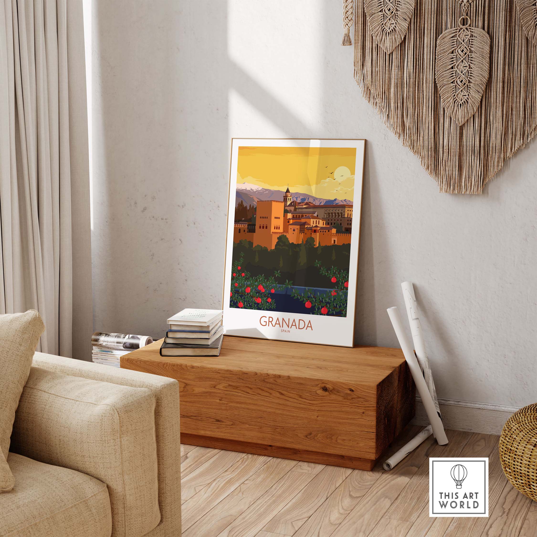 Granada Poster Print showcasing a minimalist vintage travel design in a stylish living room setting.