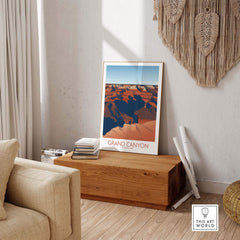 Grand Canyon National Park art print displayed in a stylish living room setting, showcasing minimalist design and vibrant colors.