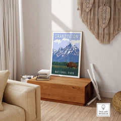 Vintage-inspired Grand Teton National Park print displayed in a stylish home setting, highlighting natural beauty.