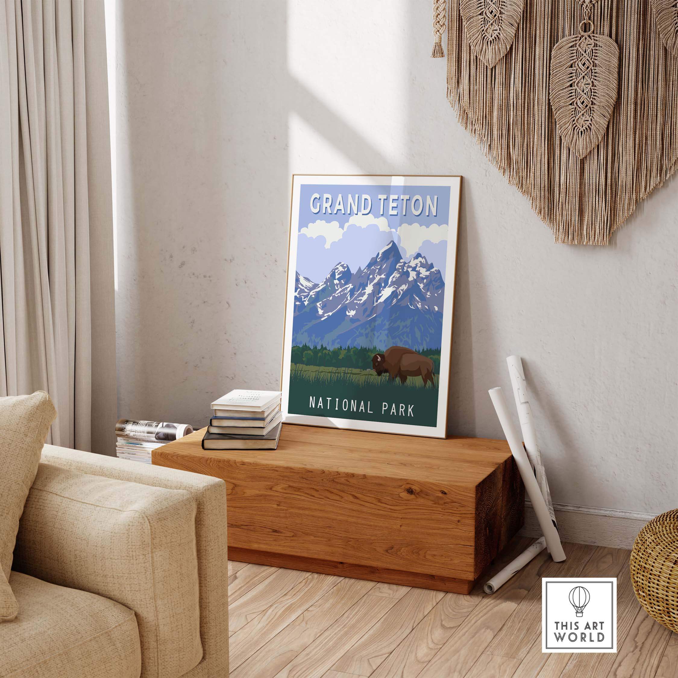 Vintage-inspired Grand Teton National Park print displayed in a stylish home setting, highlighting natural beauty.