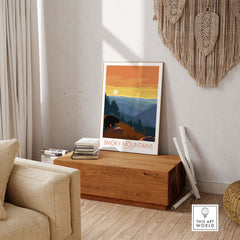Smoky Mountains Poster Print displayed in a cozy living room setting, showcasing vibrant outdoor colors and vintage design.