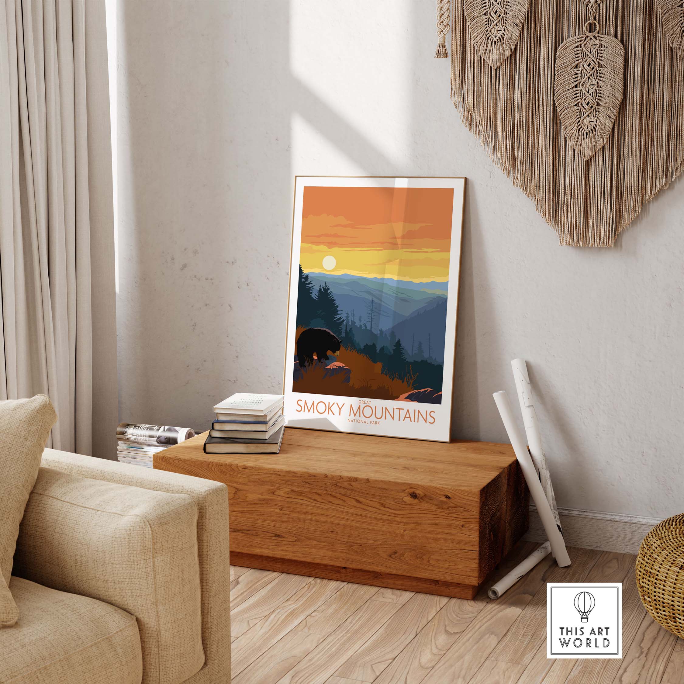 Smoky Mountains Poster Print displayed in a cozy living room setting, showcasing vibrant outdoor colors and vintage design.