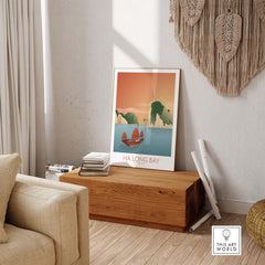 Ha Long Bay wall art print showcasing a boat against a scenic backdrop, ideal for home decor.