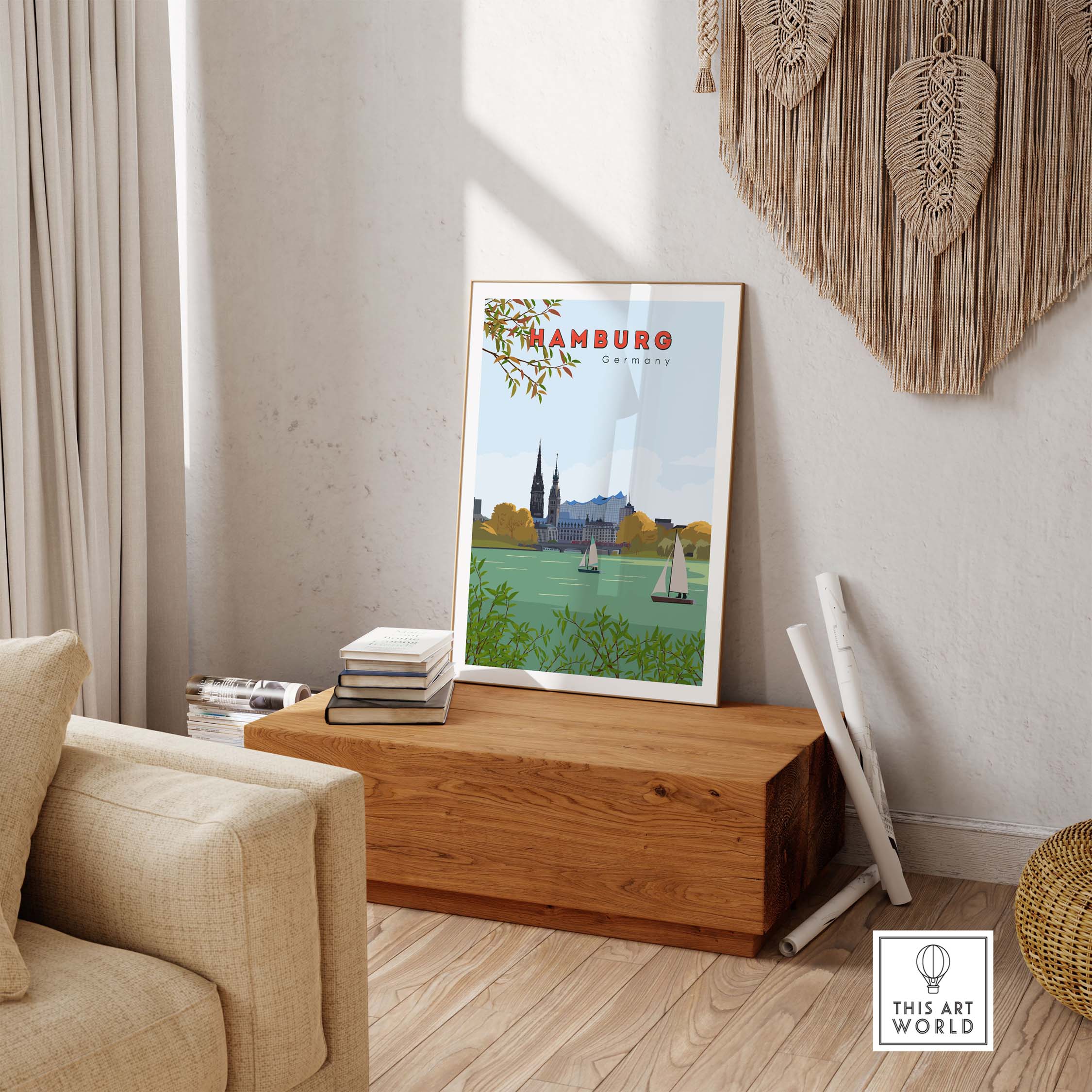 Hamburg vintage travel poster in a minimalist frame, showcasing a serene landscape with boats on water.