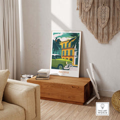 Havana Cuba poster print showcasing vintage travel art in a stylish home setting with a classic car.