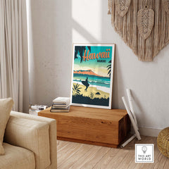 Hawaii Waikiki vintage travel poster on display in a stylish interior, capturing wanderlust and tropical vibes.