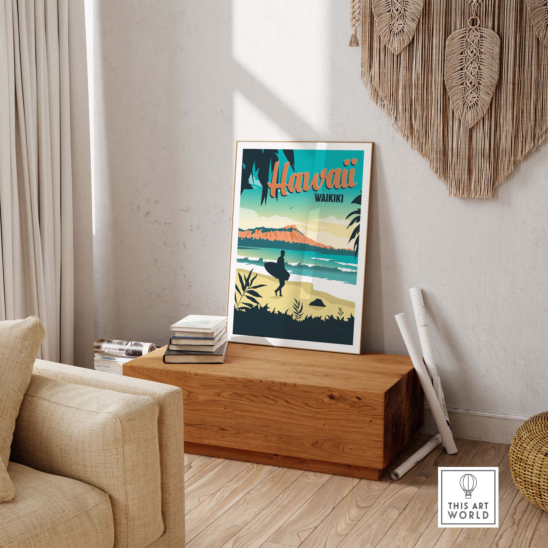 Hawaii Waikiki vintage travel poster on display in a stylish interior, capturing wanderlust and tropical vibes.