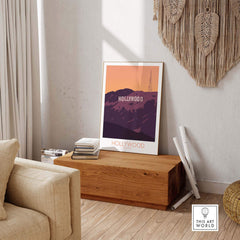 Hollywood Print California Poster displayed in a stylish living room, featuring vintage travel art of the iconic Hollywood sign.