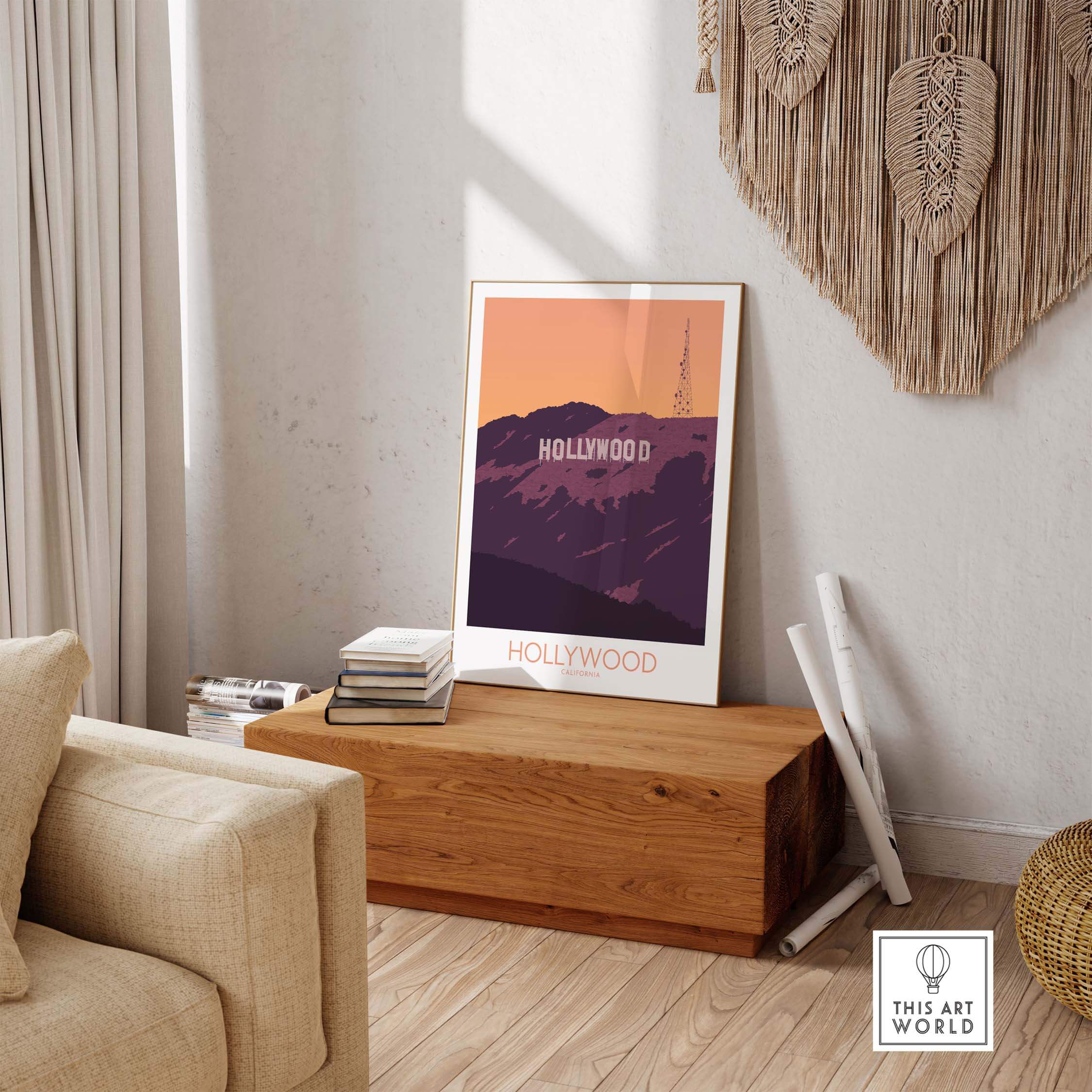 Hollywood Print California Poster displayed in a stylish living room, featuring vintage travel art of the iconic Hollywood sign.