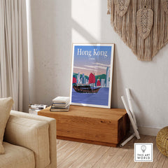 Hong Kong Travel Poster Print in a minimalist style displayed in a stylish living room setting.