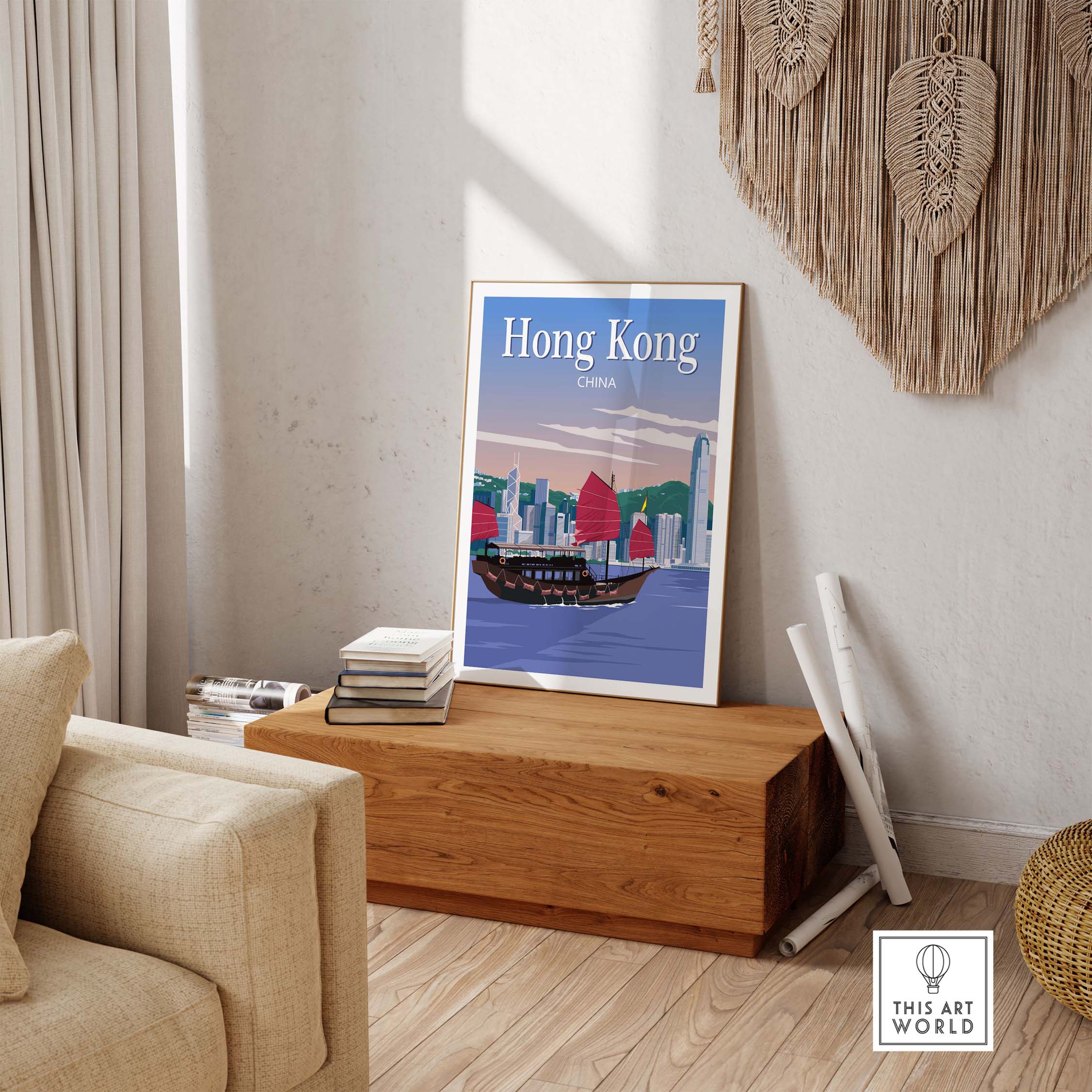 Hong Kong Travel Poster Print in a minimalist style displayed in a stylish living room setting.
