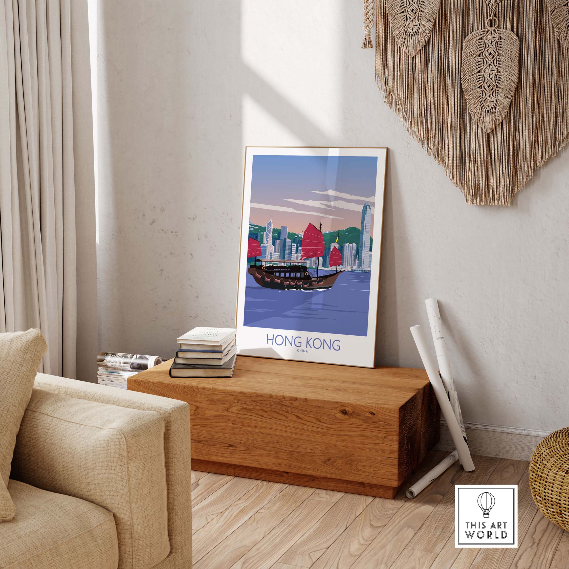 Vintage-inspired Hong Kong travel poster framed in a stylish living room setting, showcasing a traditional boat and skyline.