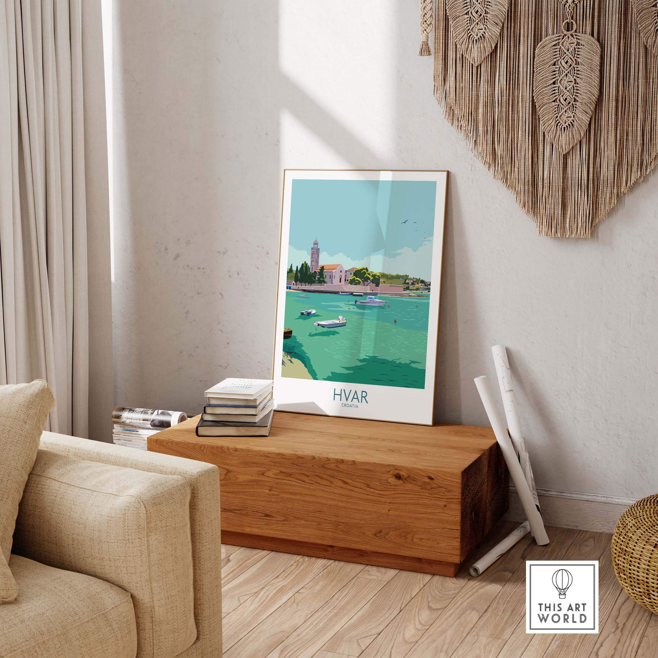 Hvar Print Croatia Travel Poster displayed in a stylish living room, showcasing Dalmatian Coast scenery.