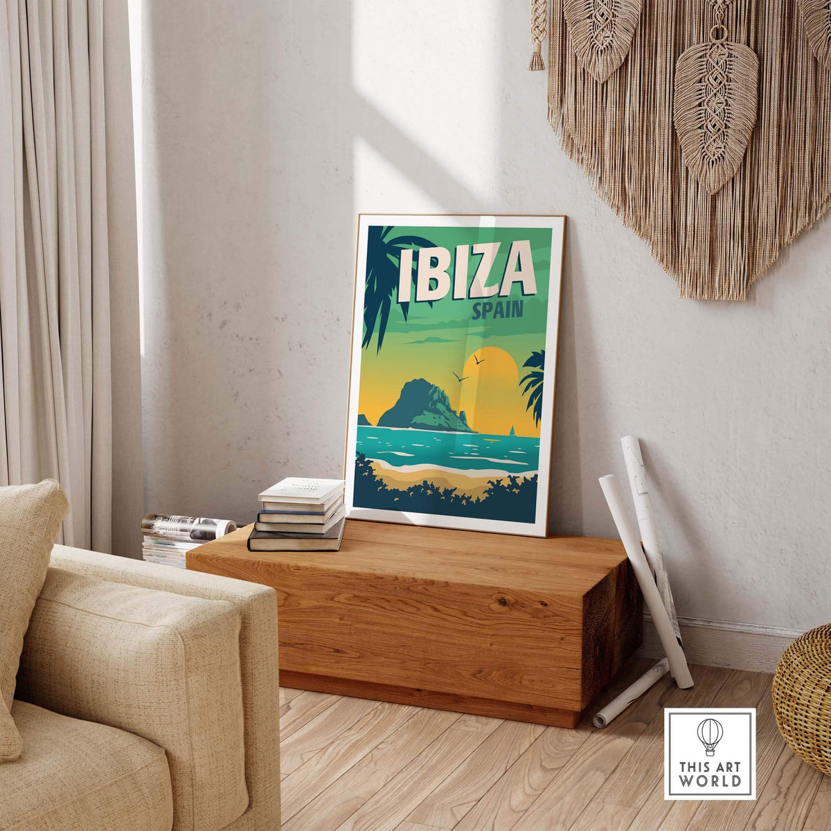 Ibiza Poster Wall Art Print showcasing vintage travel design in a stylish interior setting.