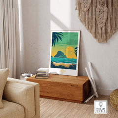 Ibiza Print Travel Poster displayed in a stylish living room, showcasing vibrant colors and vintage travel art.